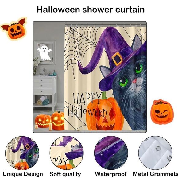 Funny Happy Halloween Cat Shower Curtain for Bathroom, Halloween Party H… - Picture 3 of 6